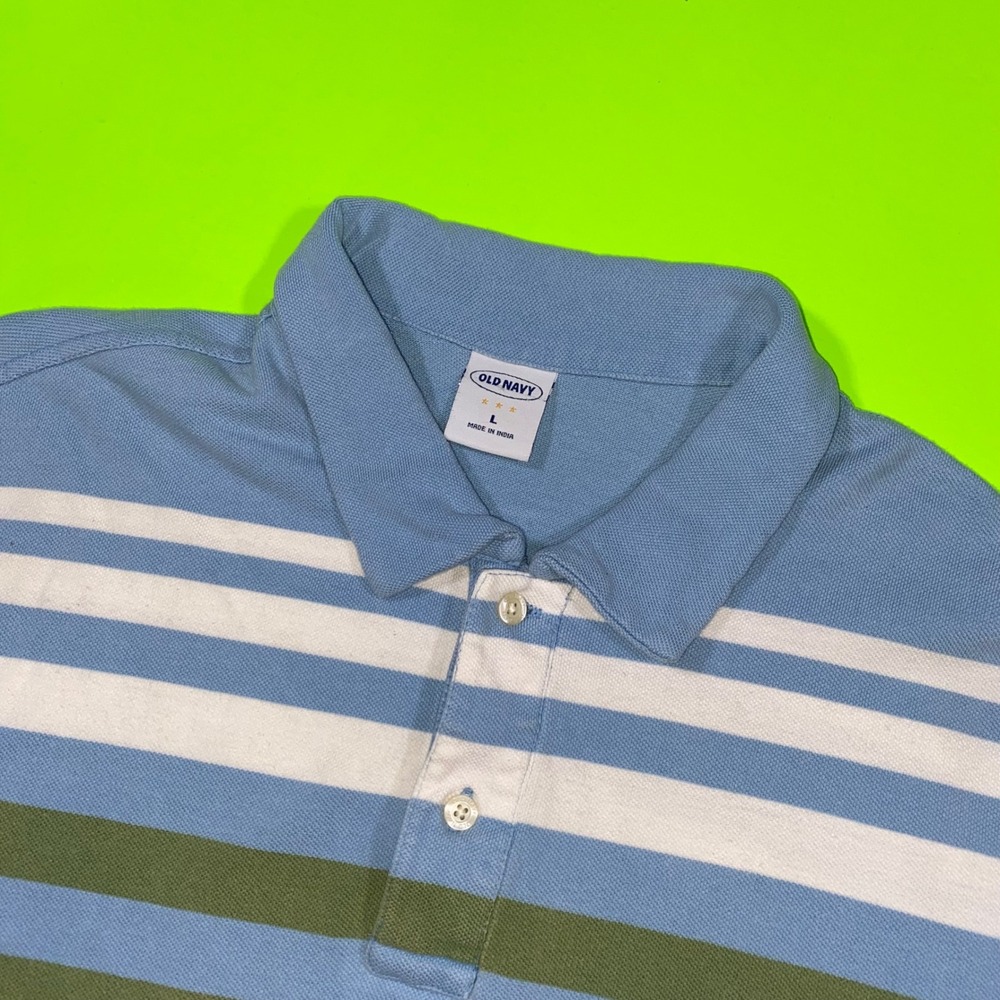 Old Navy Men Large Blue Striped Short Sleeve Pique Polo Shirt White Green Stripe